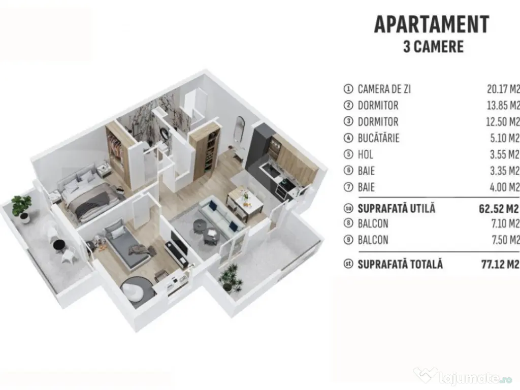 Apartament de 3 camere finisat, 62mp utili, cartier reziden? 