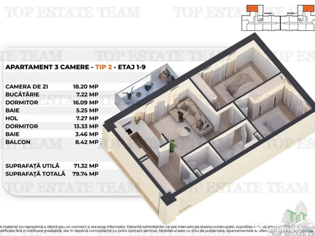 Apartament 3 camere intr-un bloc nou, modern, 71,3mp utili 