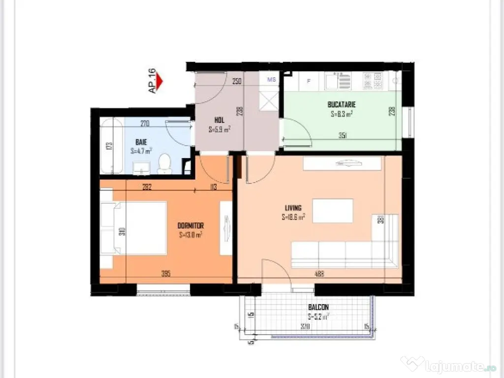 Apartament 2camere, 55.75mp, incalzire in pardoseala, contoare montate