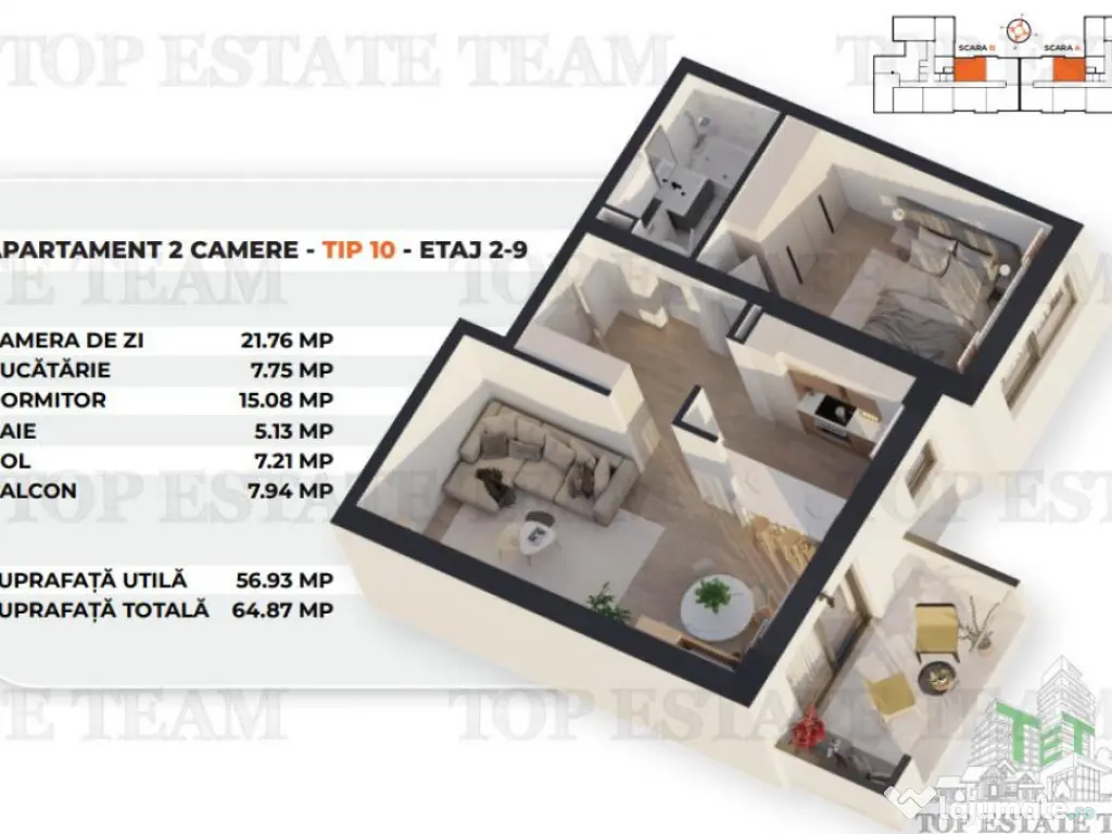 Apartament 2 camere in bloc nou | 64.87mp | Zona Antiaeriana 