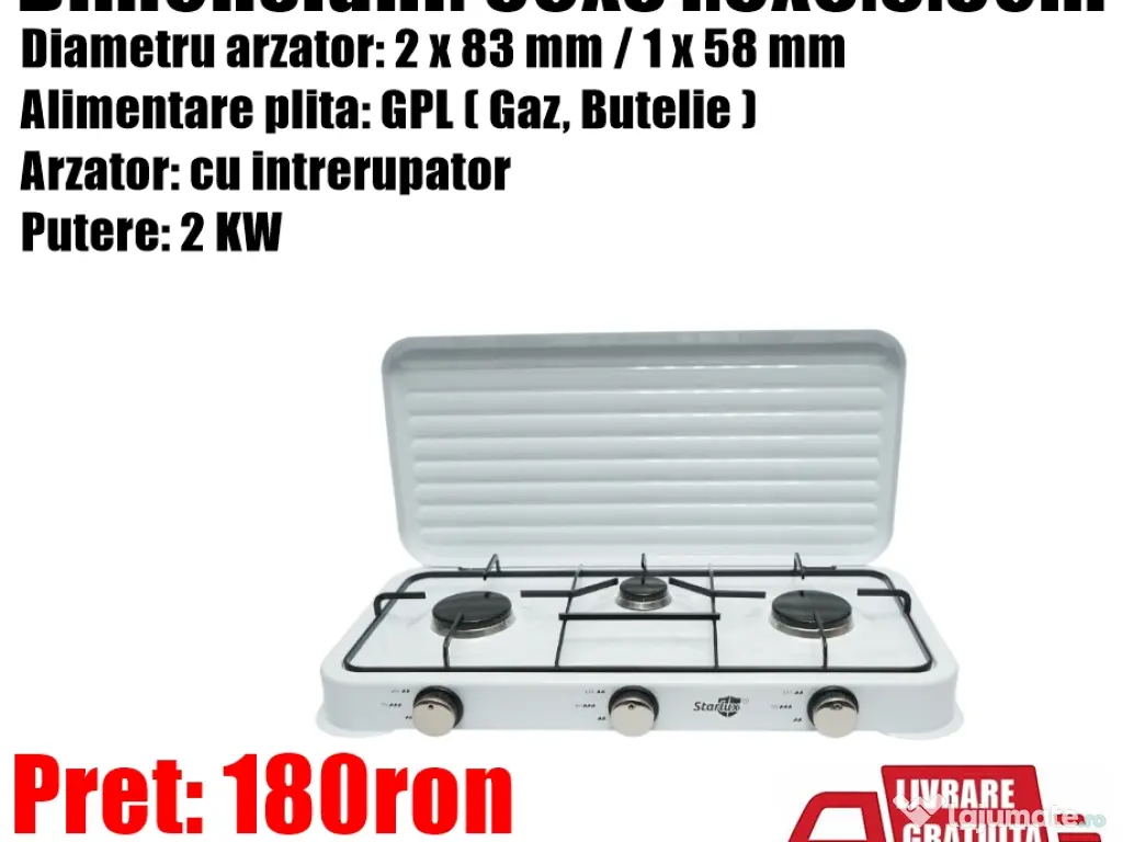 Plita Aragaz Mini 3 Ochiuri Arzator Gaz Camping Bucatarie Emailat Alb