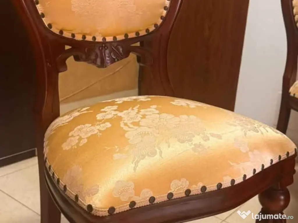 Set Dining Elegant: Masă Rotundă + 4 Scaune Tapițate (Stil Clasic) 