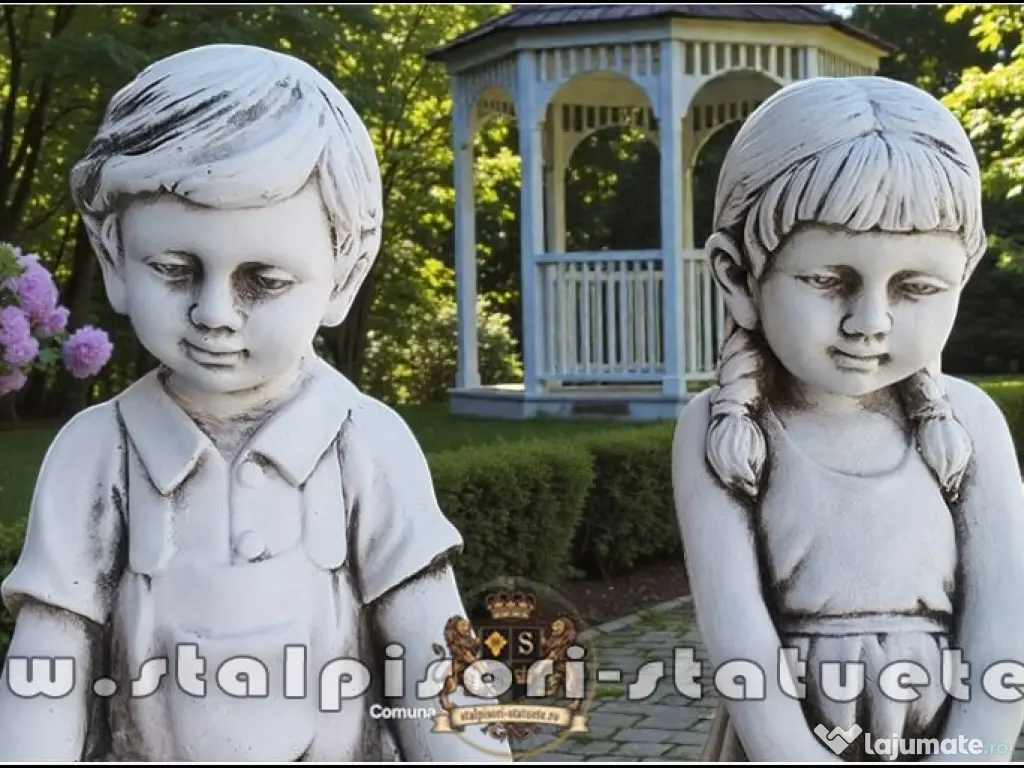 Statuete copii cu coșulețe, gri antichizat, model J9. 