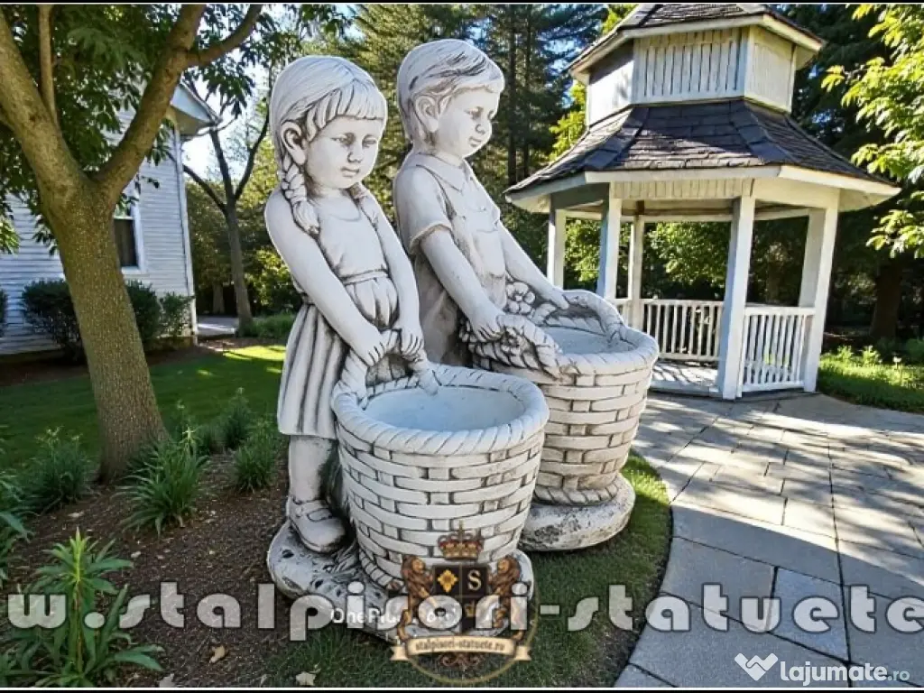 Statuete copii cu coșulețe, gri antichizat, model J9. 