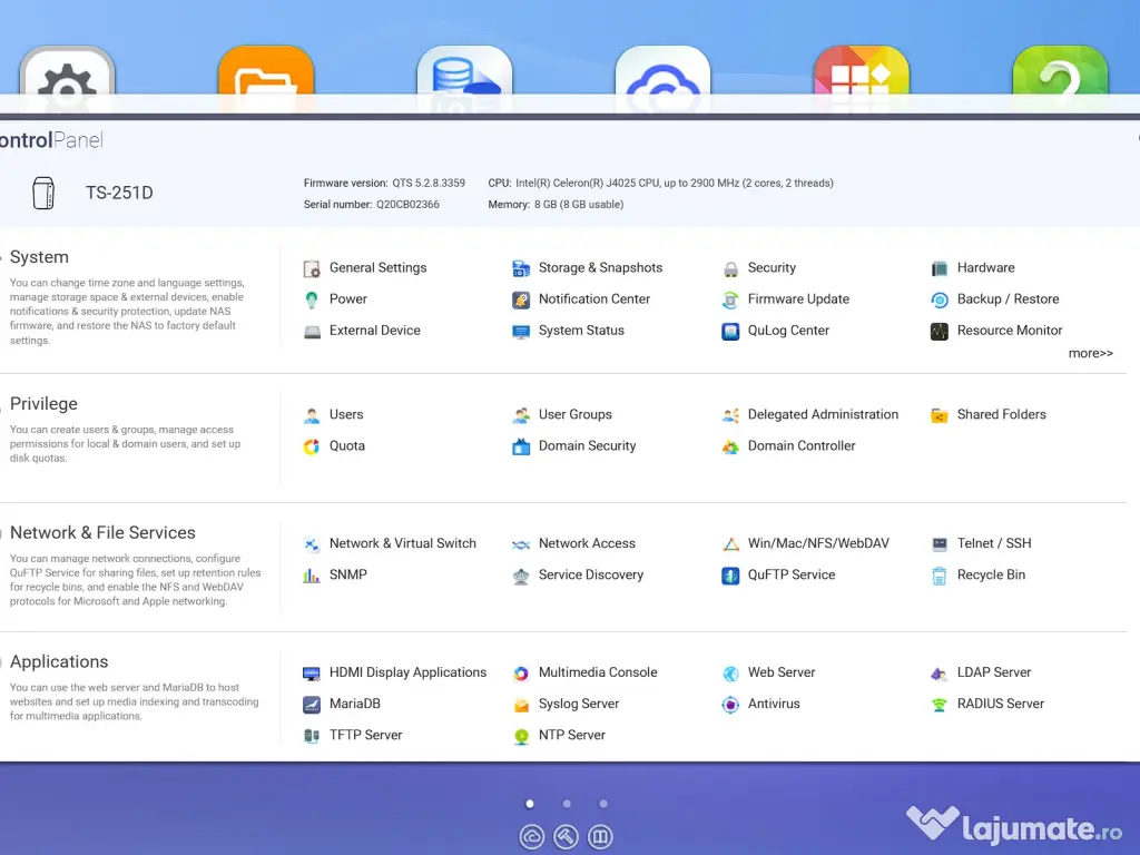 NAS QNAP TS-251D, 2-bay Intel, 8GB RAM, cu SSD 512GB inclus 