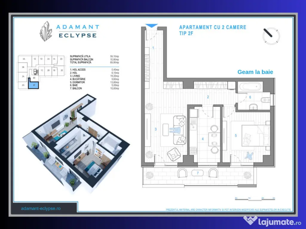 ADAMANT ECLYPSE | 2 camere tip 2F | decomandat | 69.9mp | Iași - CUG 