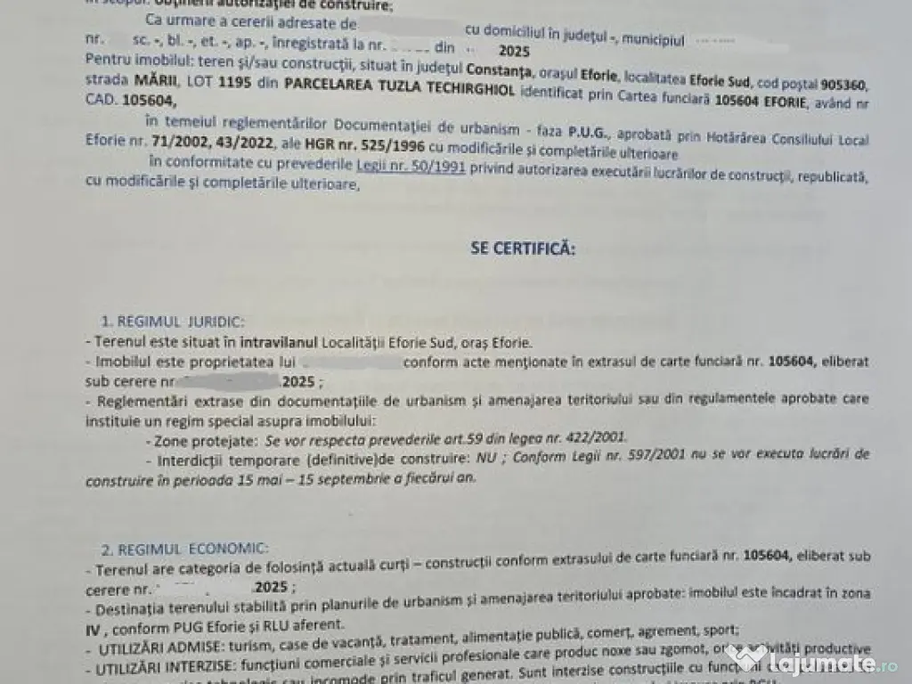 Teren construcții, vedere frontala la mare și Certifica... 