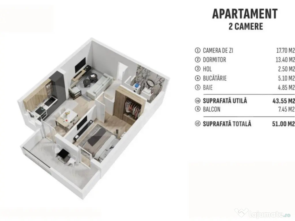 Apartament de 2 camere finisat, 44 mp, terasa, cartier nou r