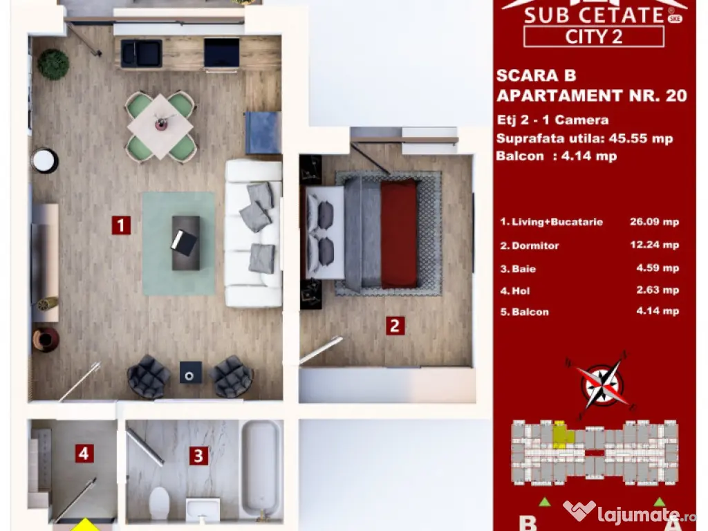 Studio 45 de mp utili in SUBCETATE CITY direct de la dezvoltator 