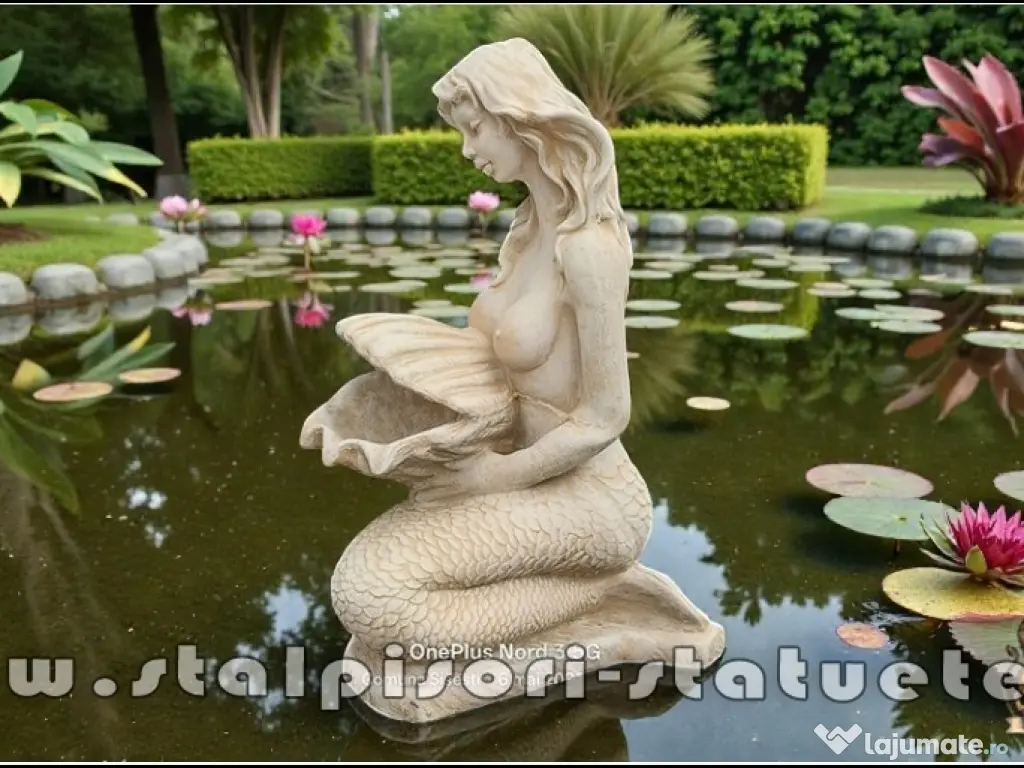 Statuetă sirenă cu scoică, galben patinat, model S49. 