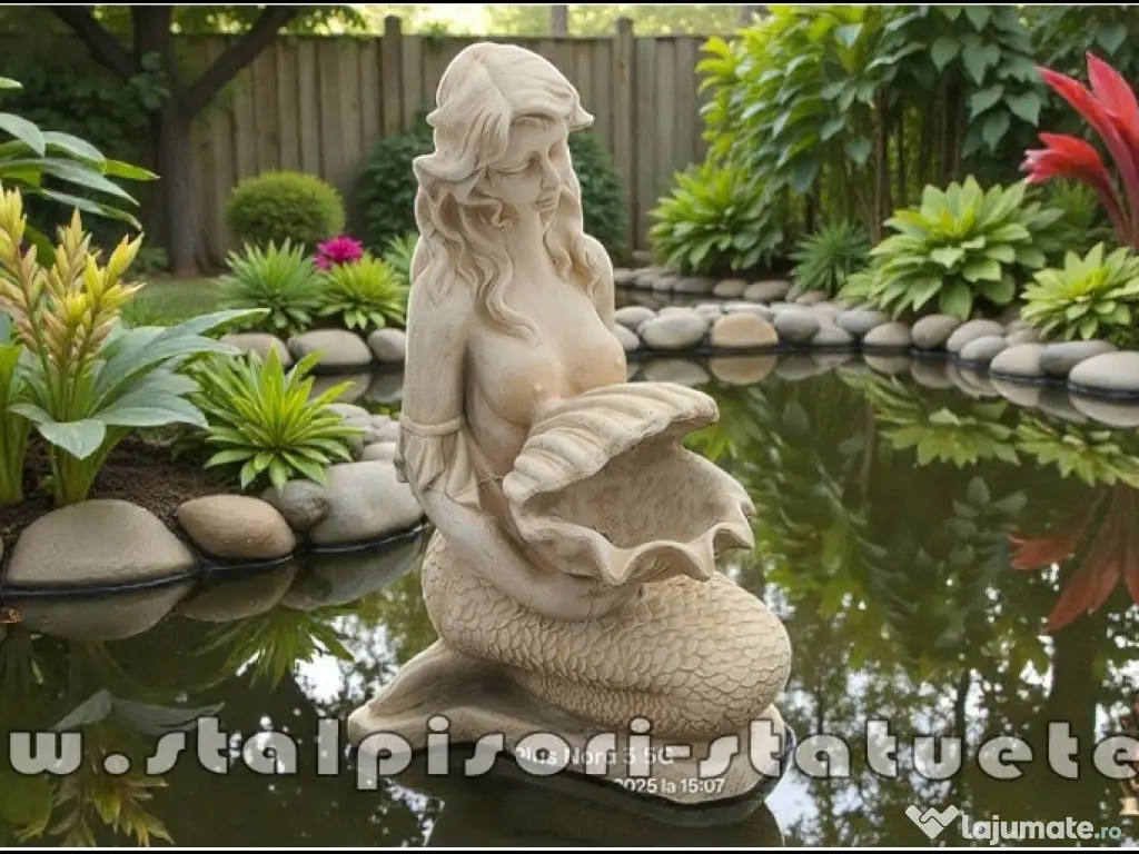 Statuetă sirenă cu scoică, galben patinat, model S49. 