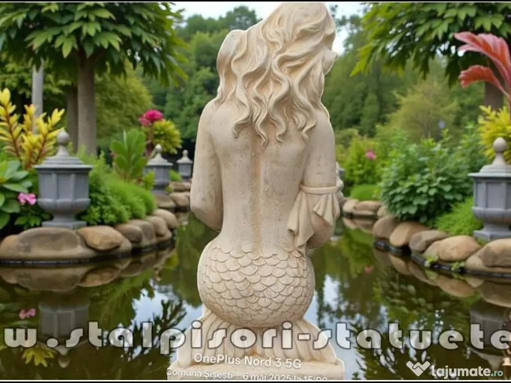 Statuetă sirenă cu scoică, galben patinat, model S49. 