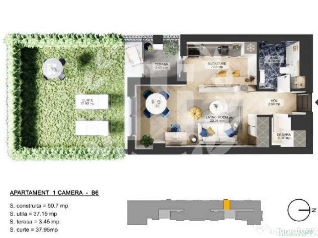 Apartament 1 camera zona de Nord - 43.09 mp utili si curte