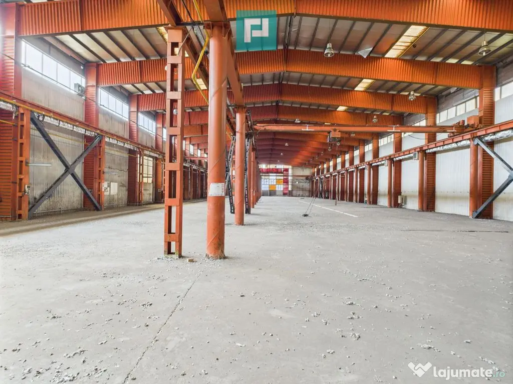 Hală industrială cu pod rulant și parcare betonată 
