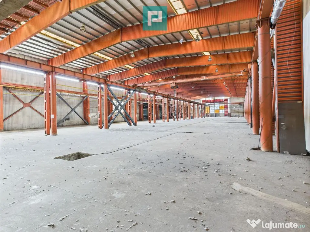 Hală industrială cu pod rulant și parcare betonată 