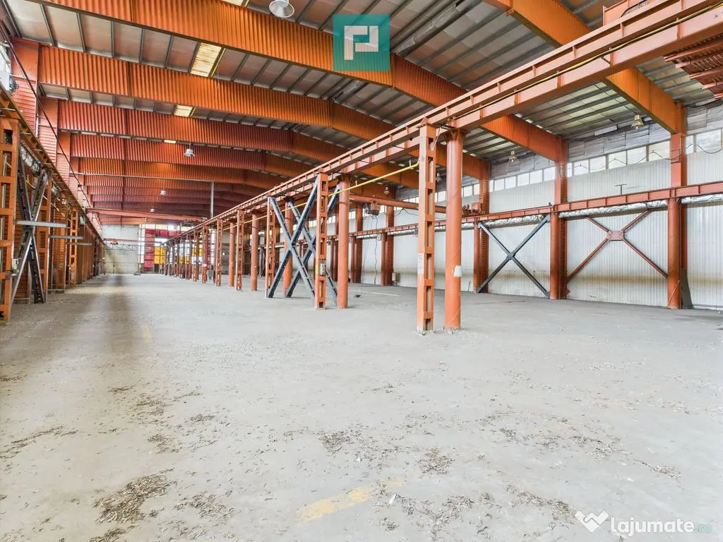 Hală industrială cu pod rulant și parcare betonată 