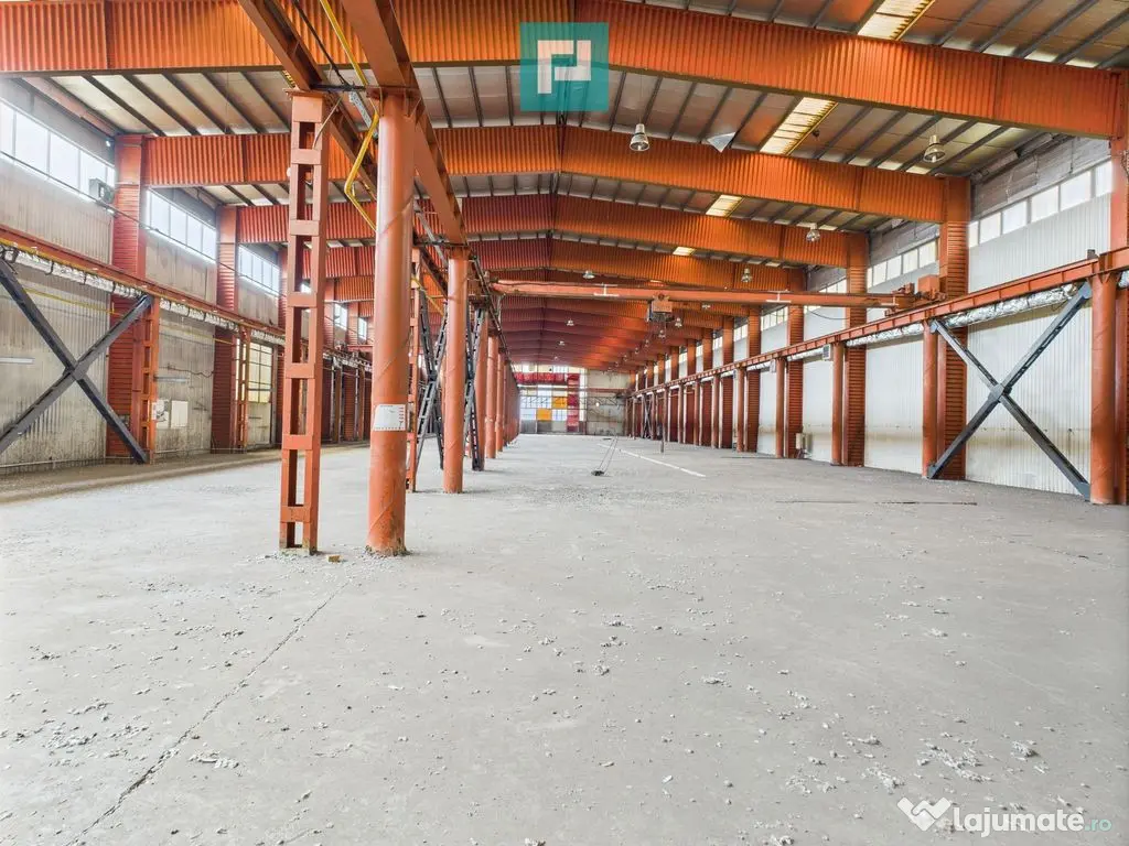 Hală industrială cu pod rulant și parcare betonată 