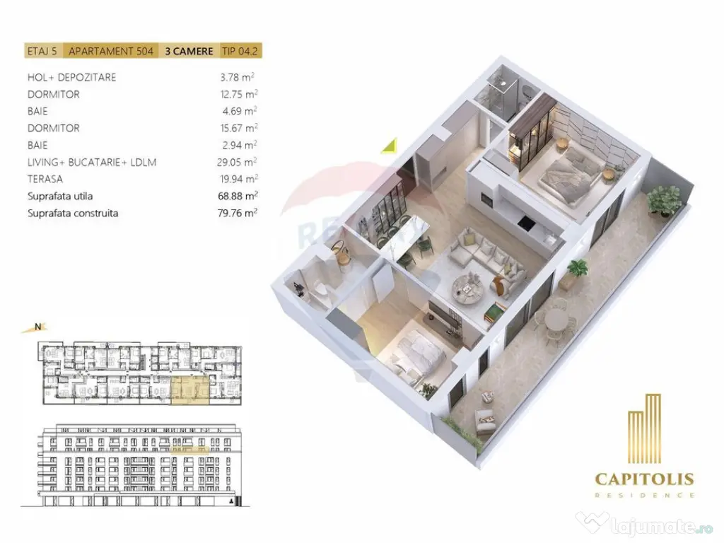 Apartament cu 3 camere, terasă 20 mp, etaj 5 Capitolis R... 