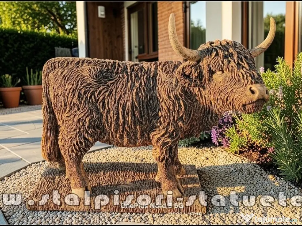 Statuetă văcuță Highland, galben patinat, model S106. 