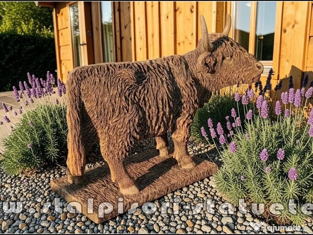 Statuetă văcuță Highland, galben patinat, model S106. 