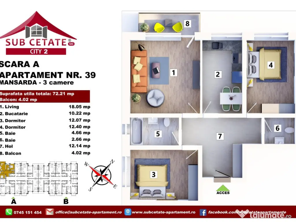 Apartament cu 3 camere decomandat 72 mp + balcon prin credit bancar 
