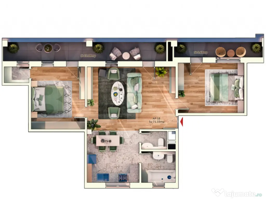 Apartament 3 Camera, 71 mp, 2 Bai, Terasa 19 mp, Zona Iulius