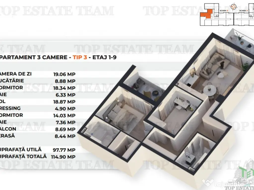 Apartament de 3 camere etajele 1-9 in apropiere de Antiaeria 