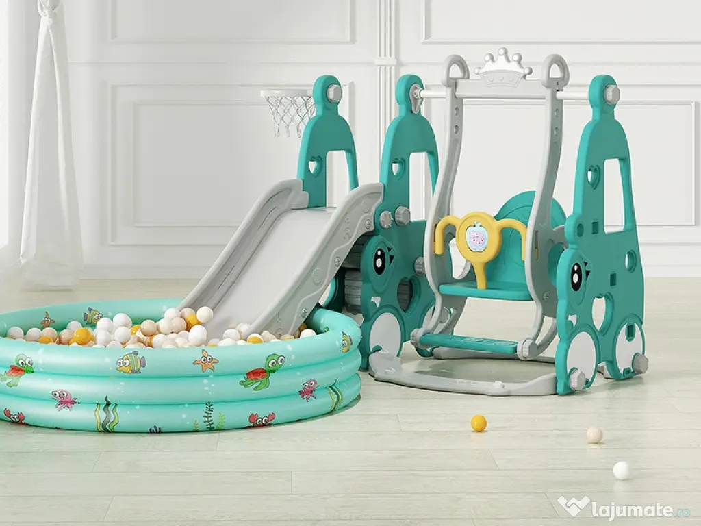 Ansamblu de joaca Kinderplay, cu leagan, tobogan, piscina cu bile, cos baschet 