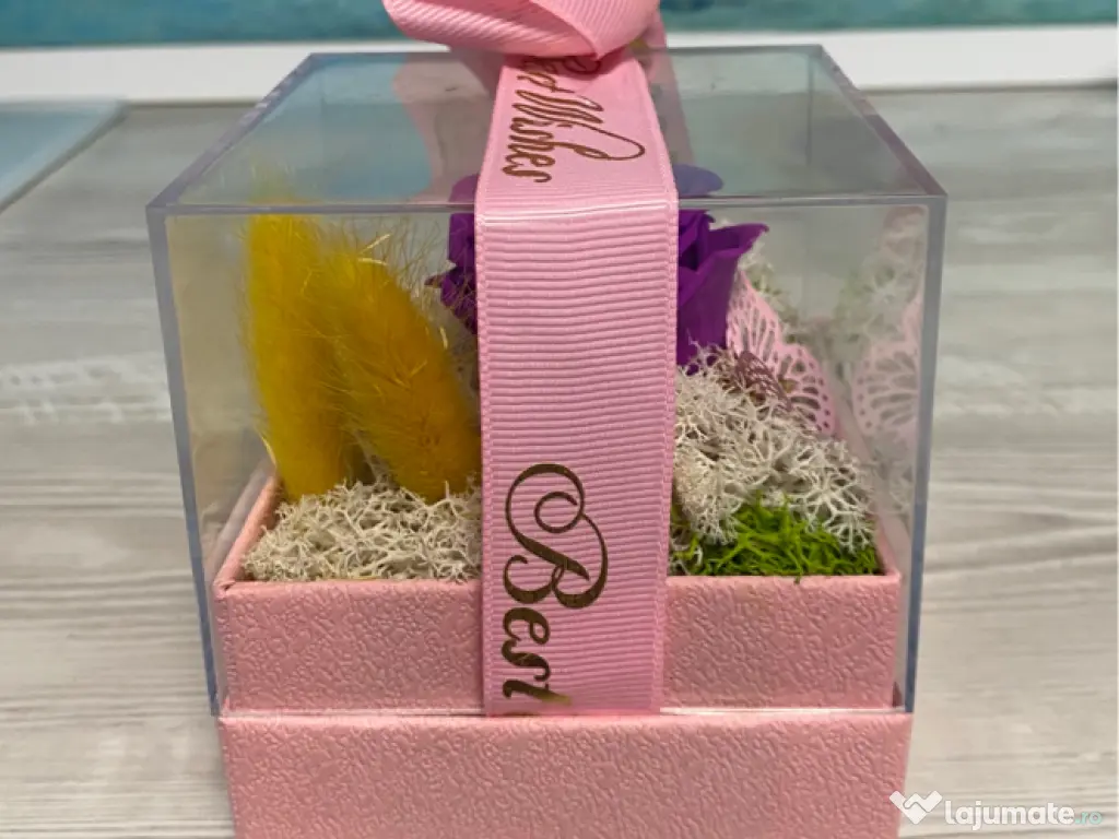 Cutie cadou „Best Wishes” cu trandafir de săpun si lichen 