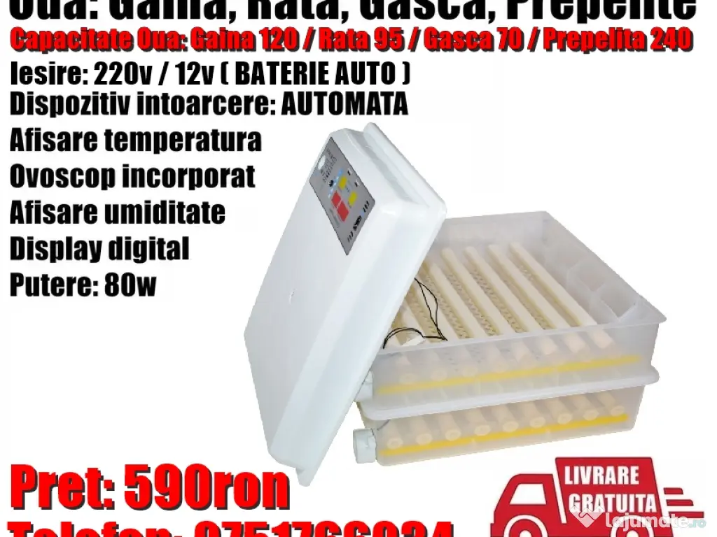 Incubator Clocitoare 120 Oua Gaina Rata Gasca Prepelite Pui  Automat Ovoscop 