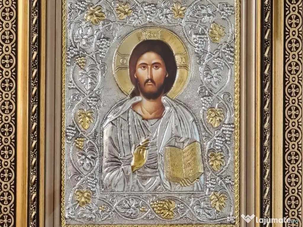 Icoana Iisus Hristos Pantocrator, Argintata Relief 3 D 