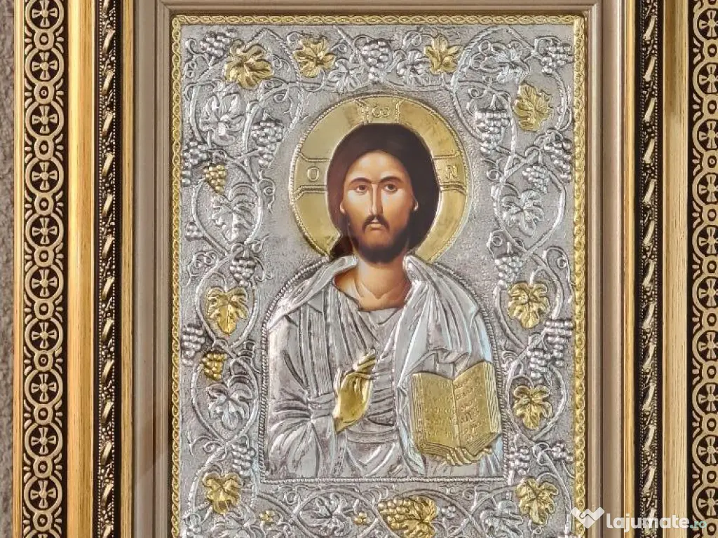 Icoana Iisus Hristos Pantocrator, Argintata Relief 3 D 