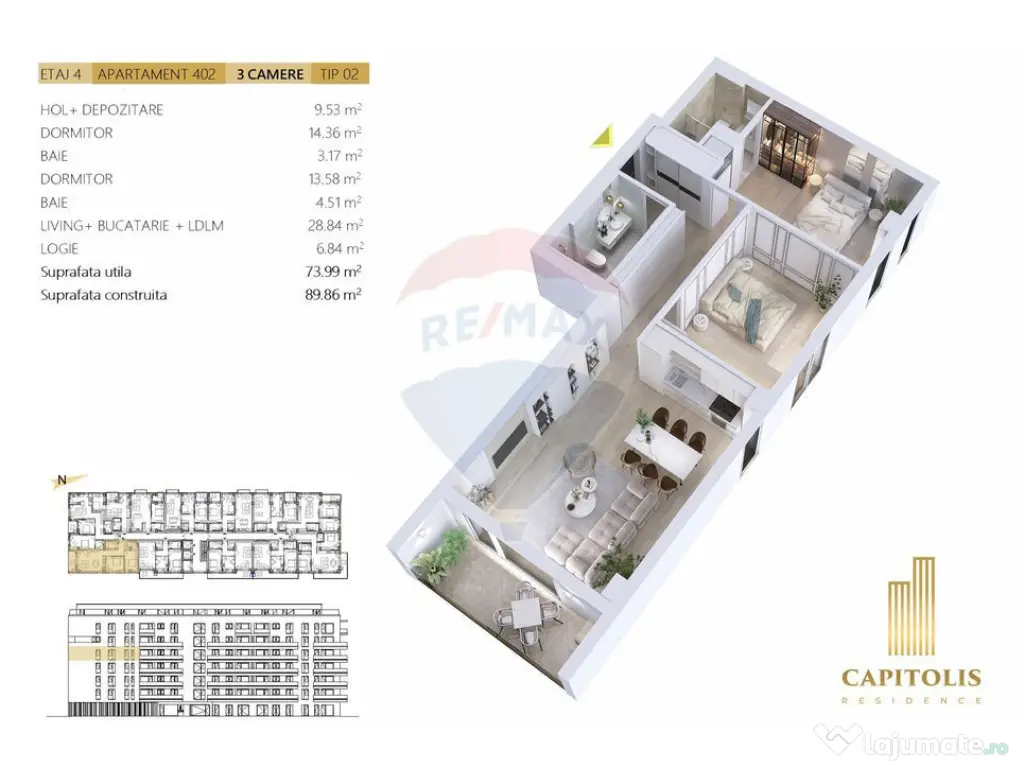 Apartament cu 3 camere, orientare S-E, etaj 4, Capitolis ... 