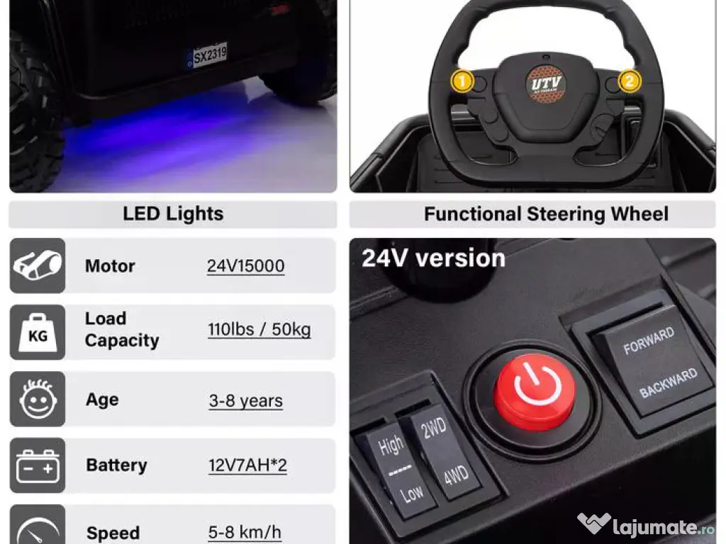 UTV electric pentru 2 copii Kinderauto BJSX2319 6x6 300W 24V Black