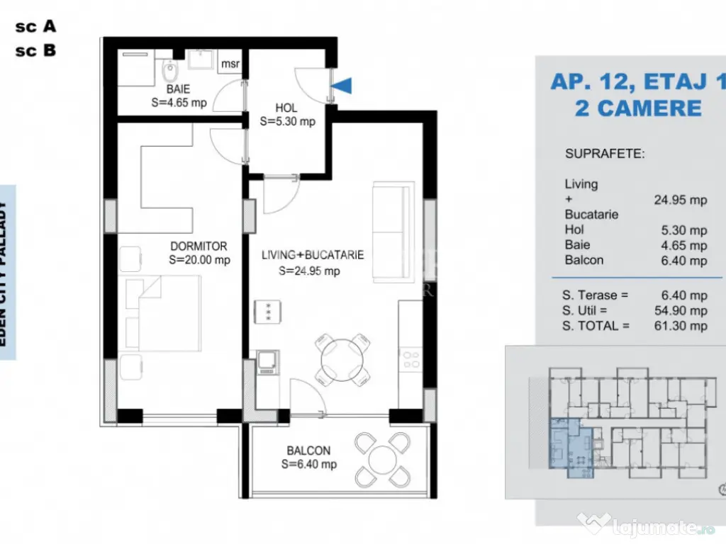 2 Camere Bloc Intim -Incalzire Pardoseala 