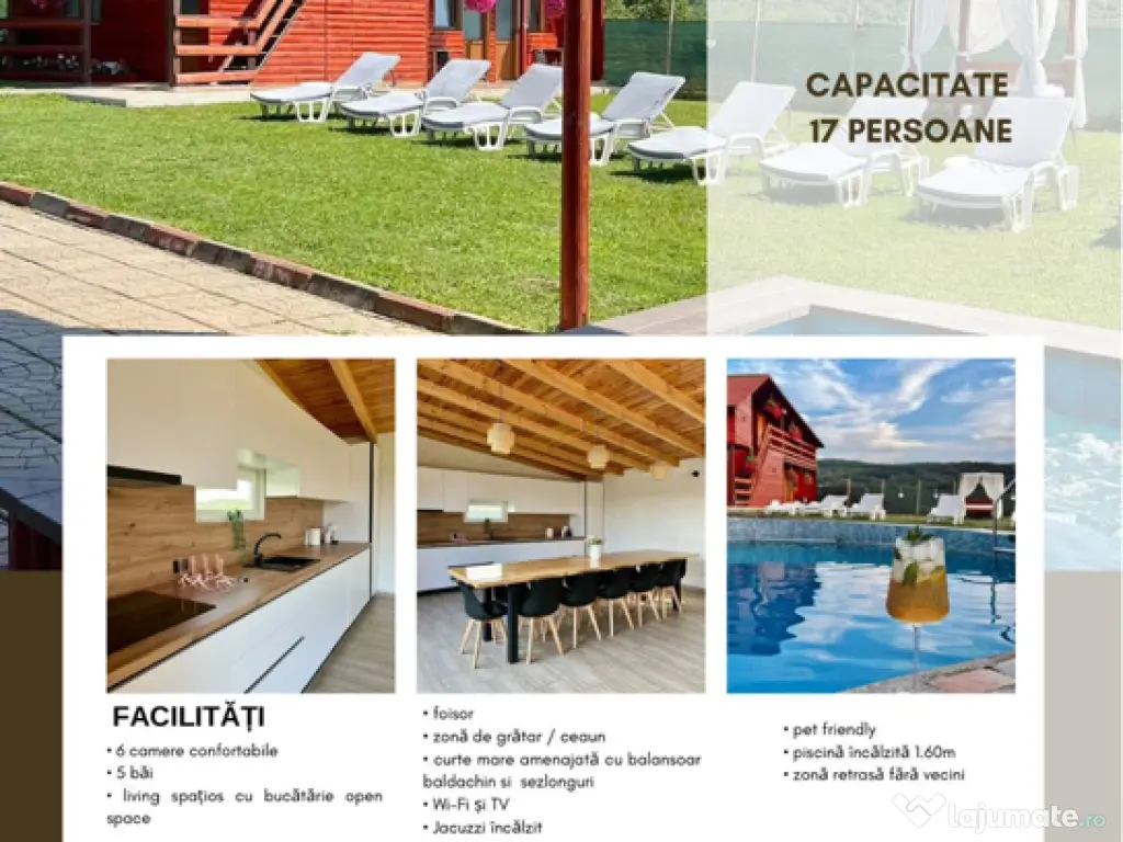 Cabană cu piscina și jacuzzi , 17 locuri de cazare . 