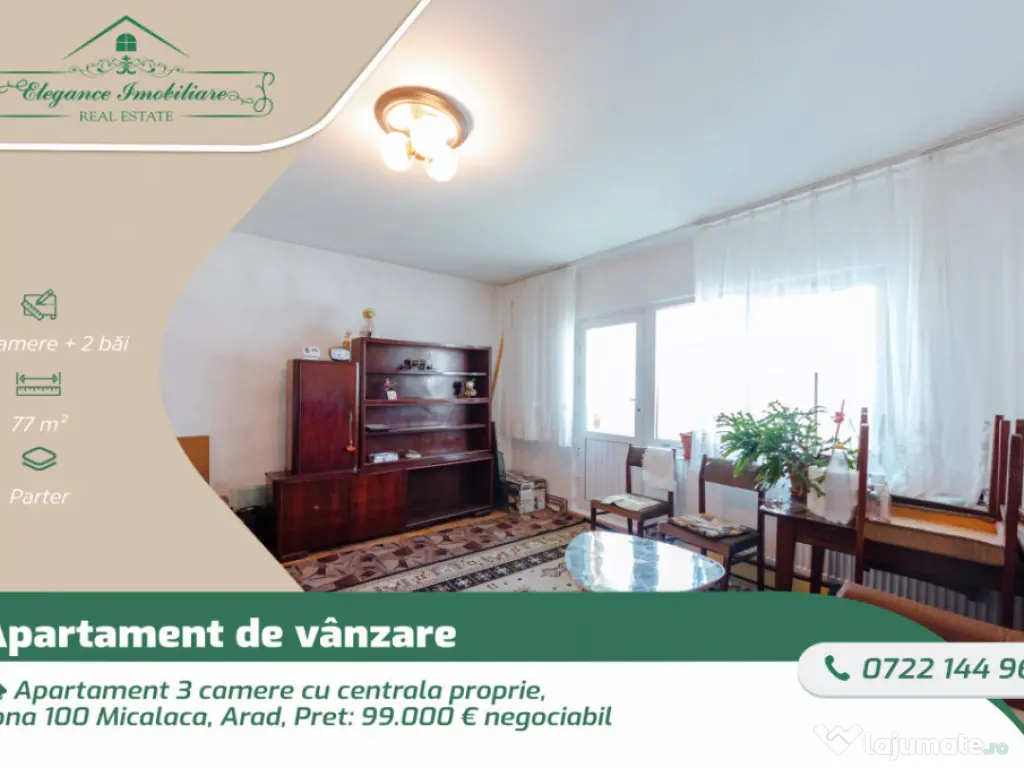 Apartament 3 camere cu centrala proprie, zona 100 Micalaca,