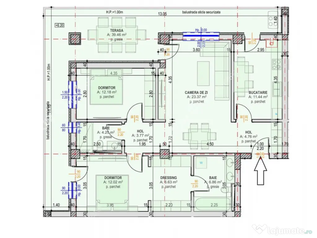 Apartament cu 3 camere terasa 40 mp 85 mp utili si 2 locuri 