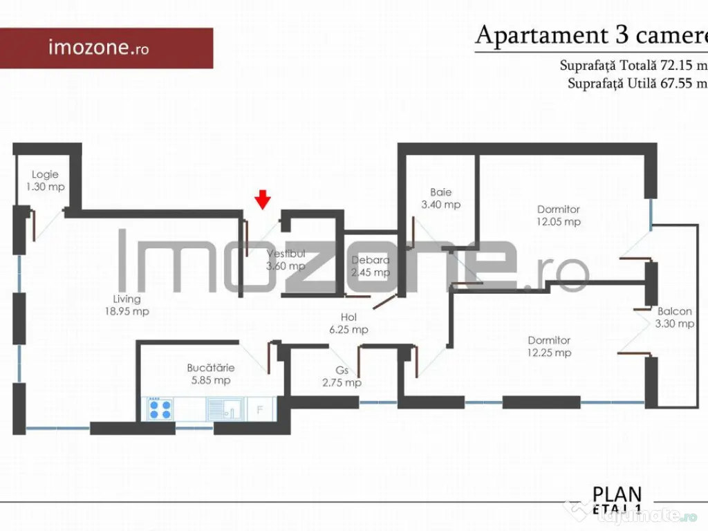 Apartament 3 cam., 2 bai, 2 balc., bloc nou, finisat la c...