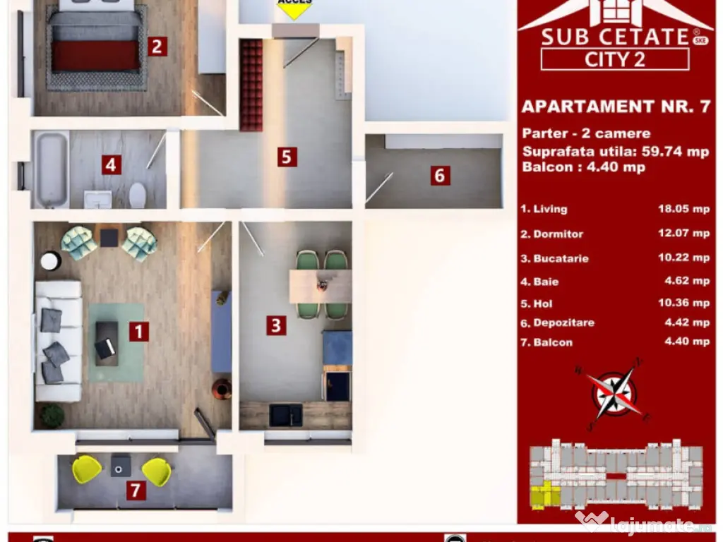 Apartament cu 2 camere decomandat 60 mp utili + balcon 