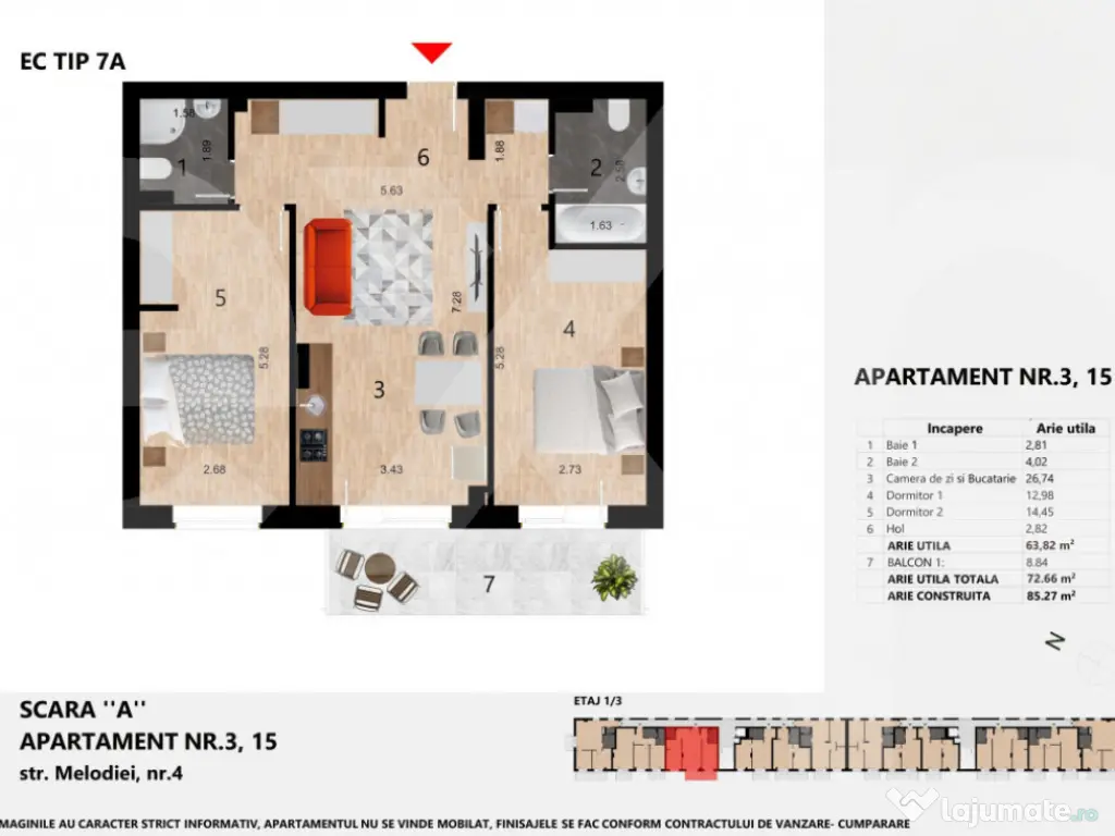 Apartament 3 camere 64 mp, Zorilor, lângă liceul Waldorf, 