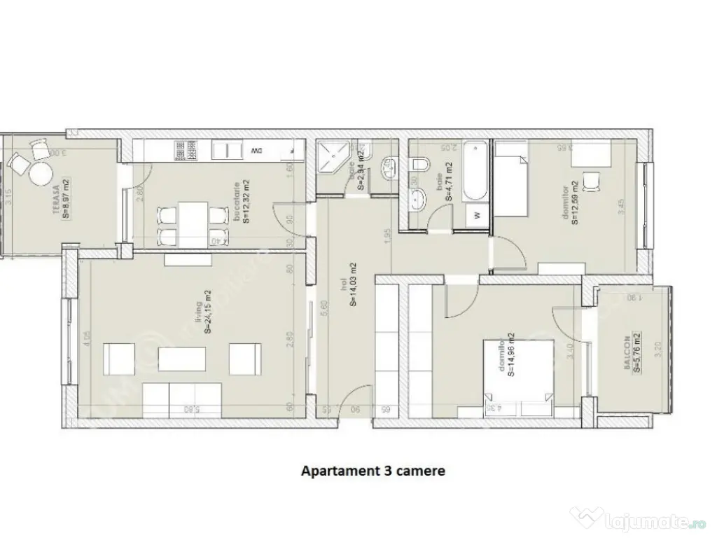 Apartament 3 camere 86 mp utili doua terase si garaj in zona 