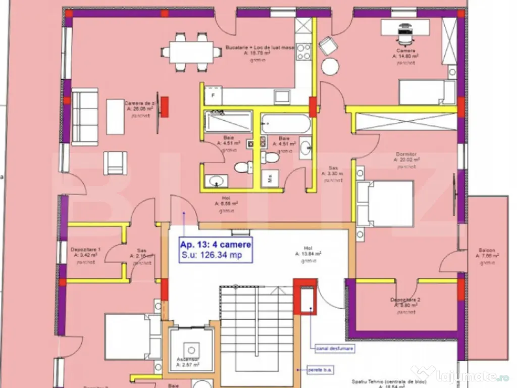 Apartament 4 camere, 3 Bai, 126 mp, Terasa 63 mp, Zona Rivus 