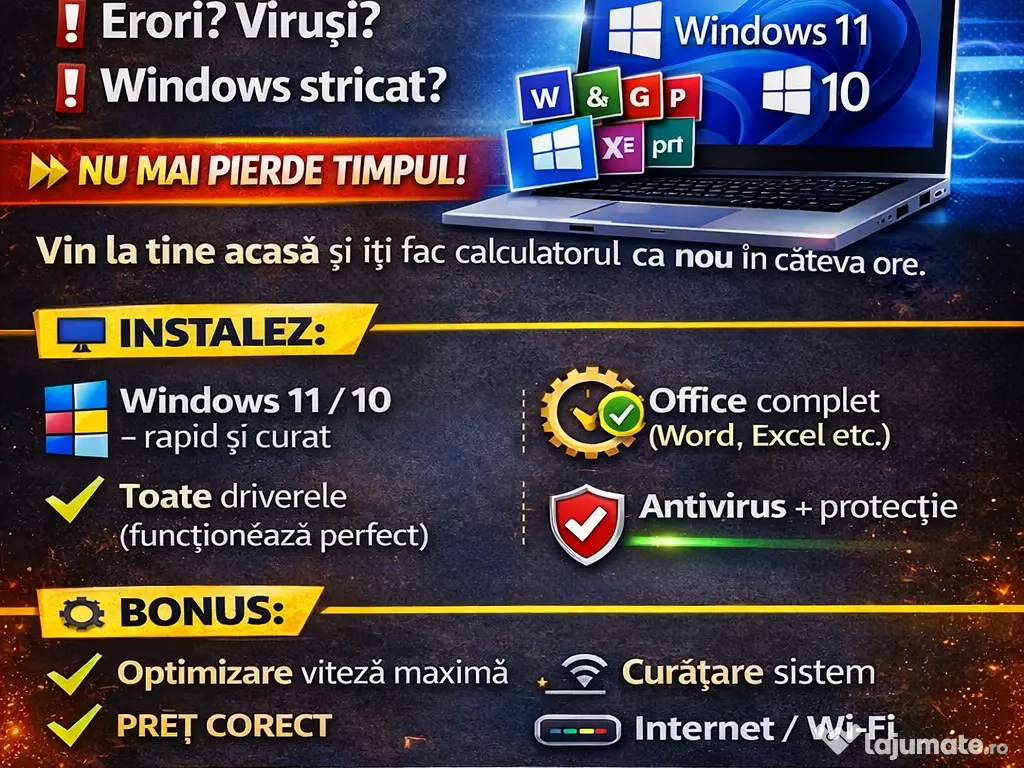 Instalare windows 11,10, office originale instalare la domiciliu pe loc !