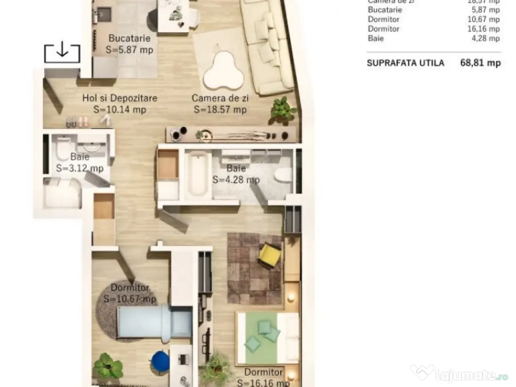 Apartament 3 camere, 69mp, zona Parcul Central