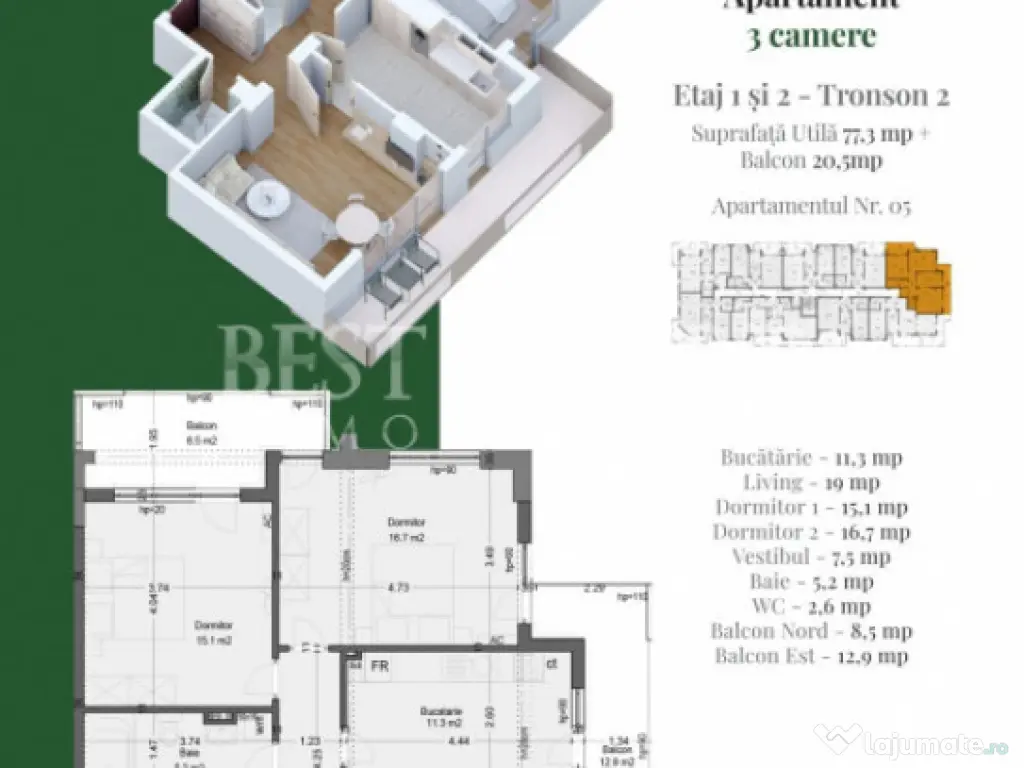 Apartament 3 camere – Confort modern, compartimentare efic 
