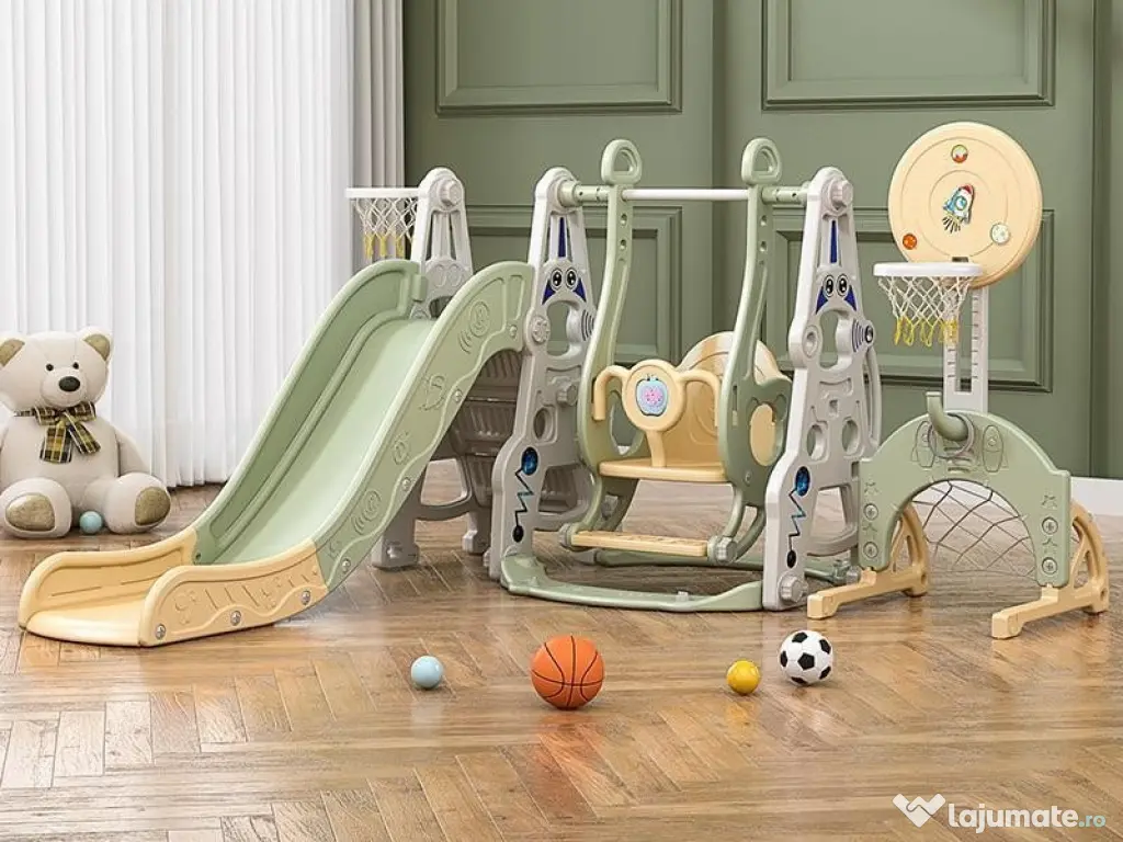 Ansamblu de joaca Kinderplay Astronaut, 5 in 1, tobogan, leagan, verde 