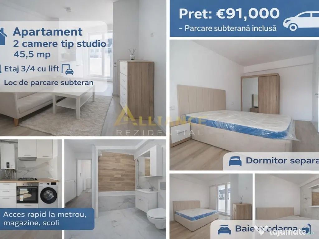 Apartament 2 camere tip studio - 45,5 mp - Etaj 3 din 4 cu l 