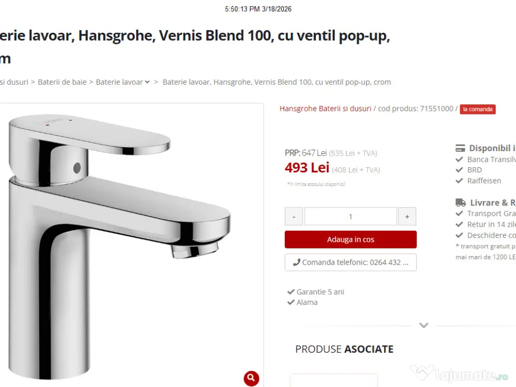 Lavoar Villeroy & Boch,  Subway 2.0, 60cm,baterie, sifon si tub conector 