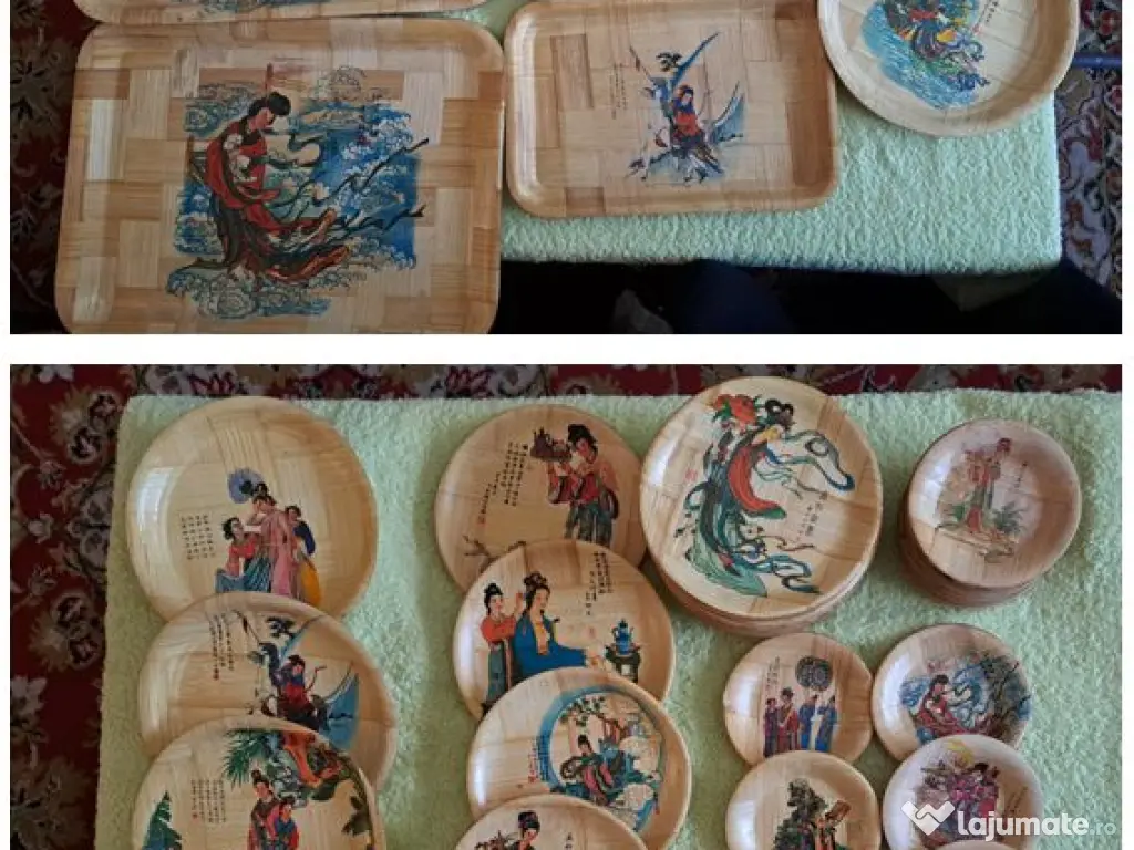 Vand farfurii si tavi din lemn de bambus pictate